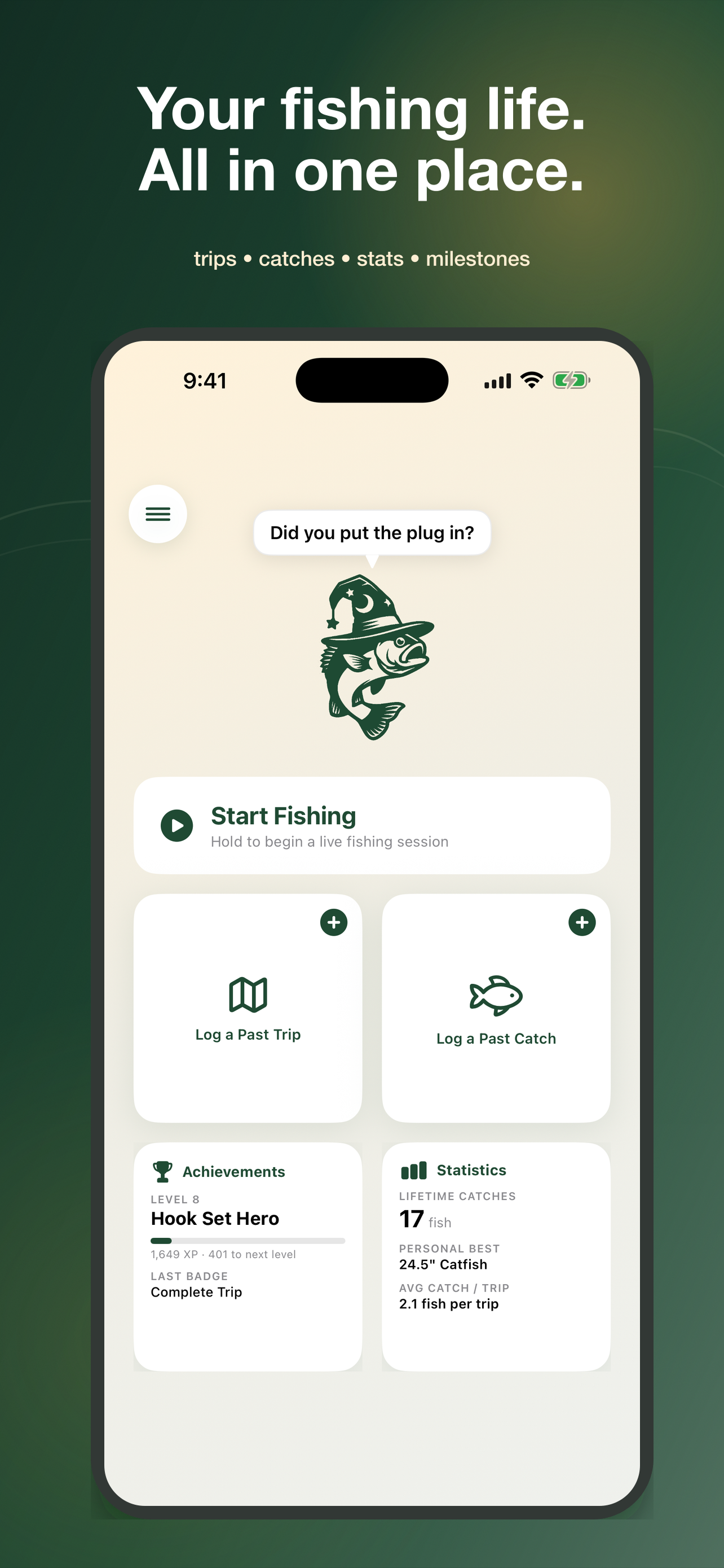 Fish Wizard home screen for logging a fishing life