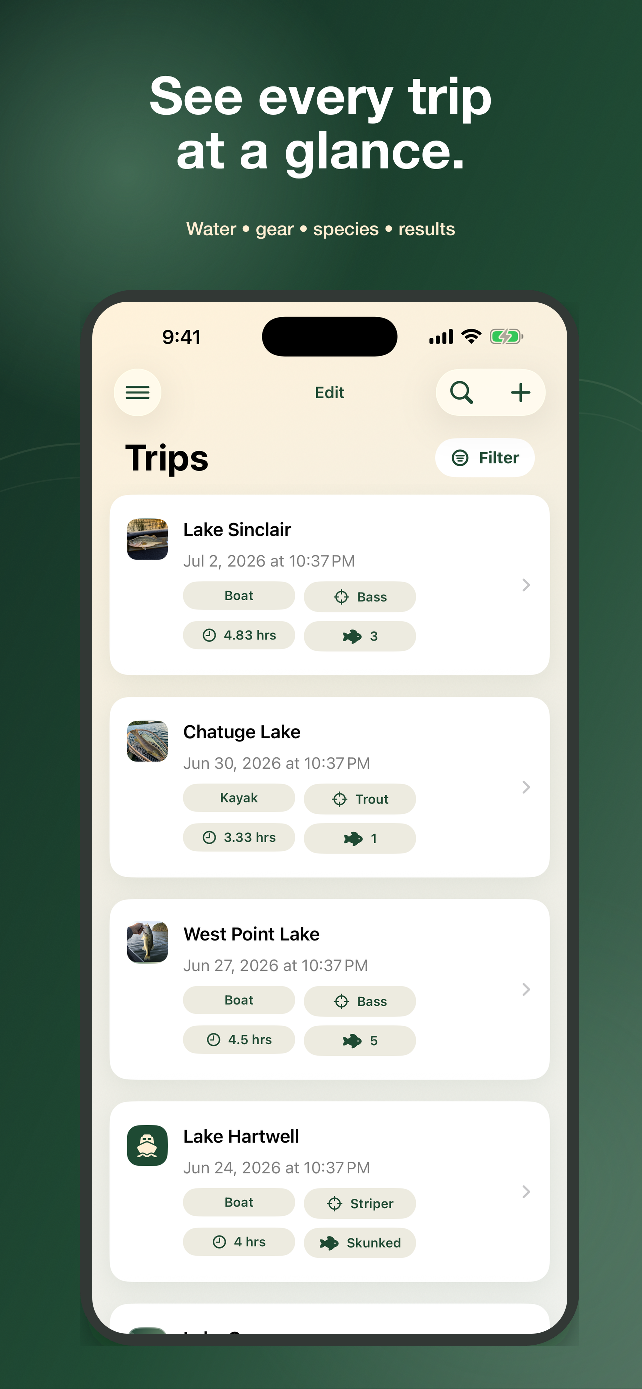 Fish Wizard trip log screen