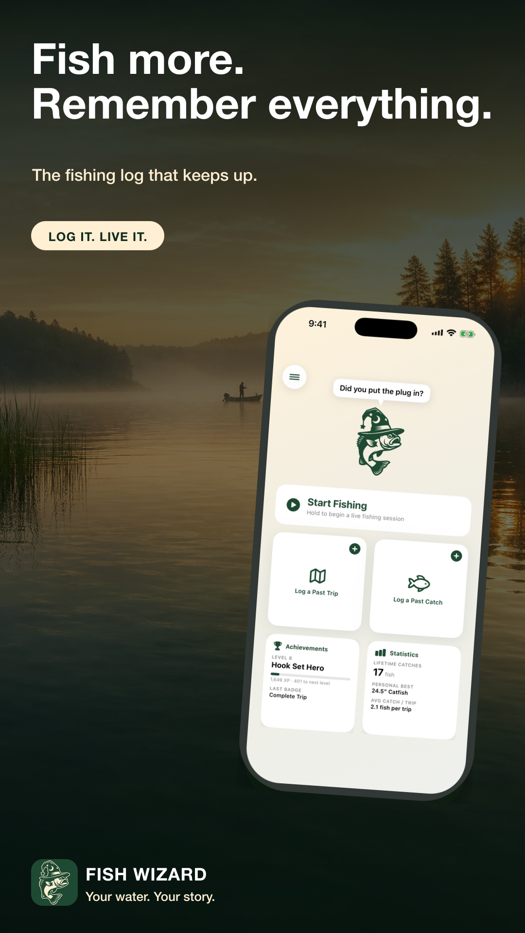 Fish Wizard app home screen over a sunrise fishing scene