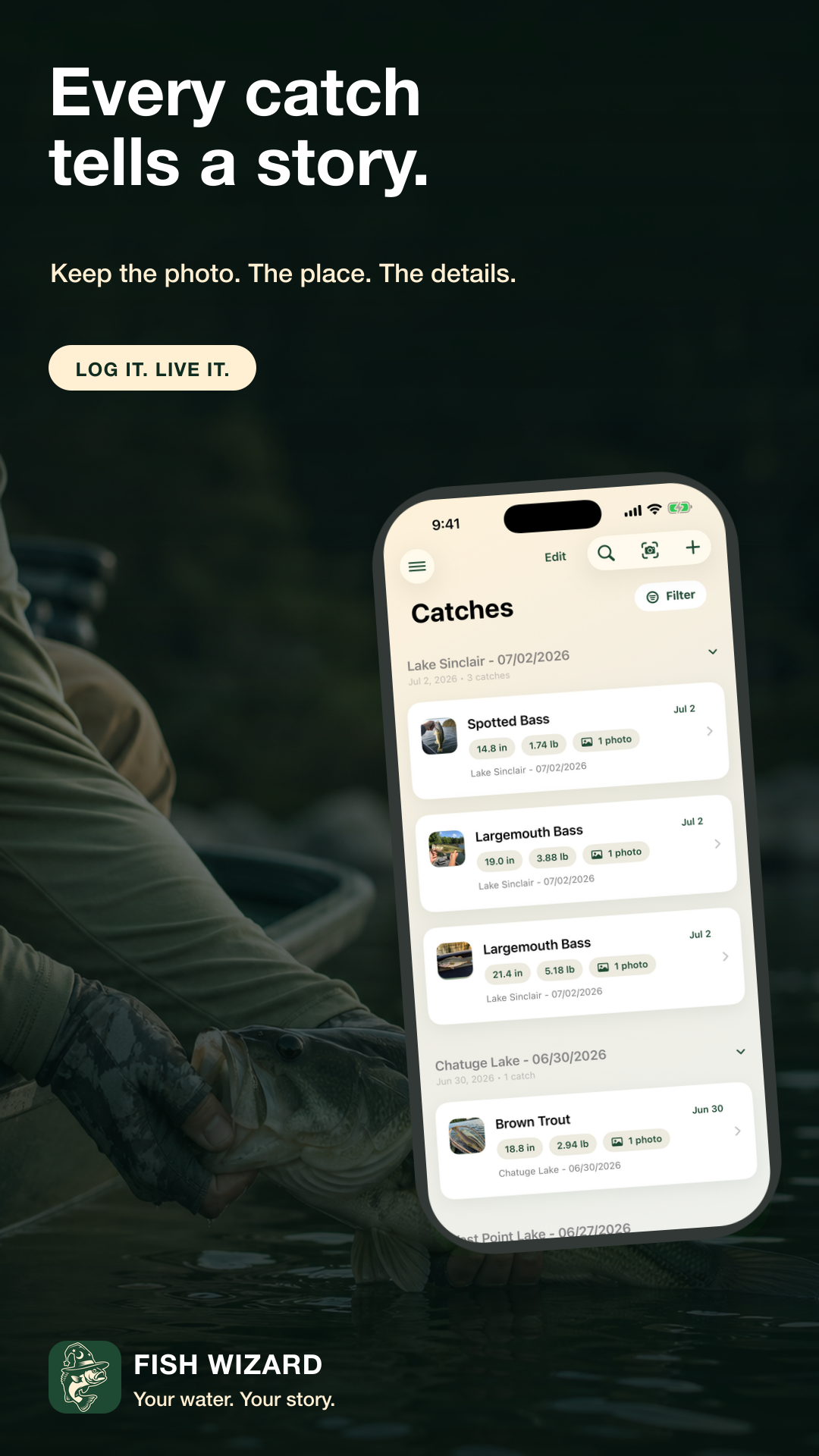 Fish Wizard catch logging screen over an outdoor fishing scene