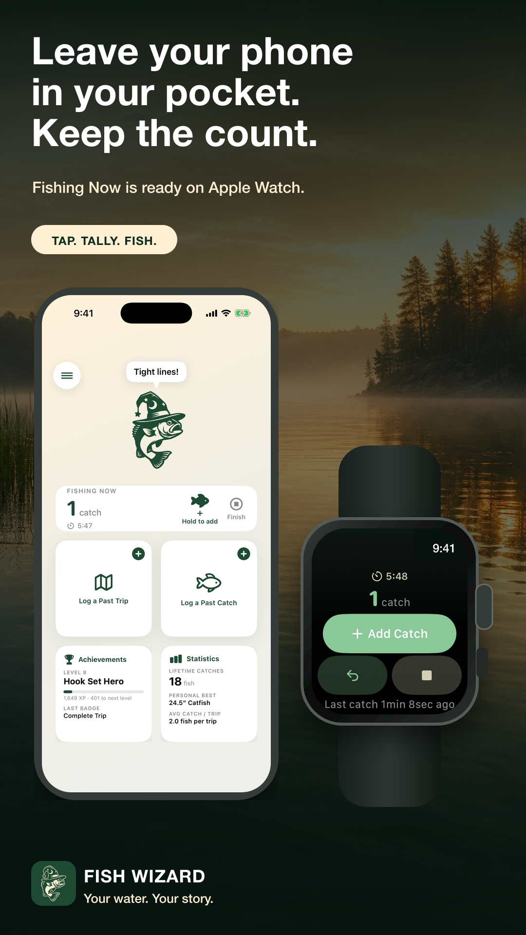 Fish Wizard Fishing Now session on iPhone and Apple Watch